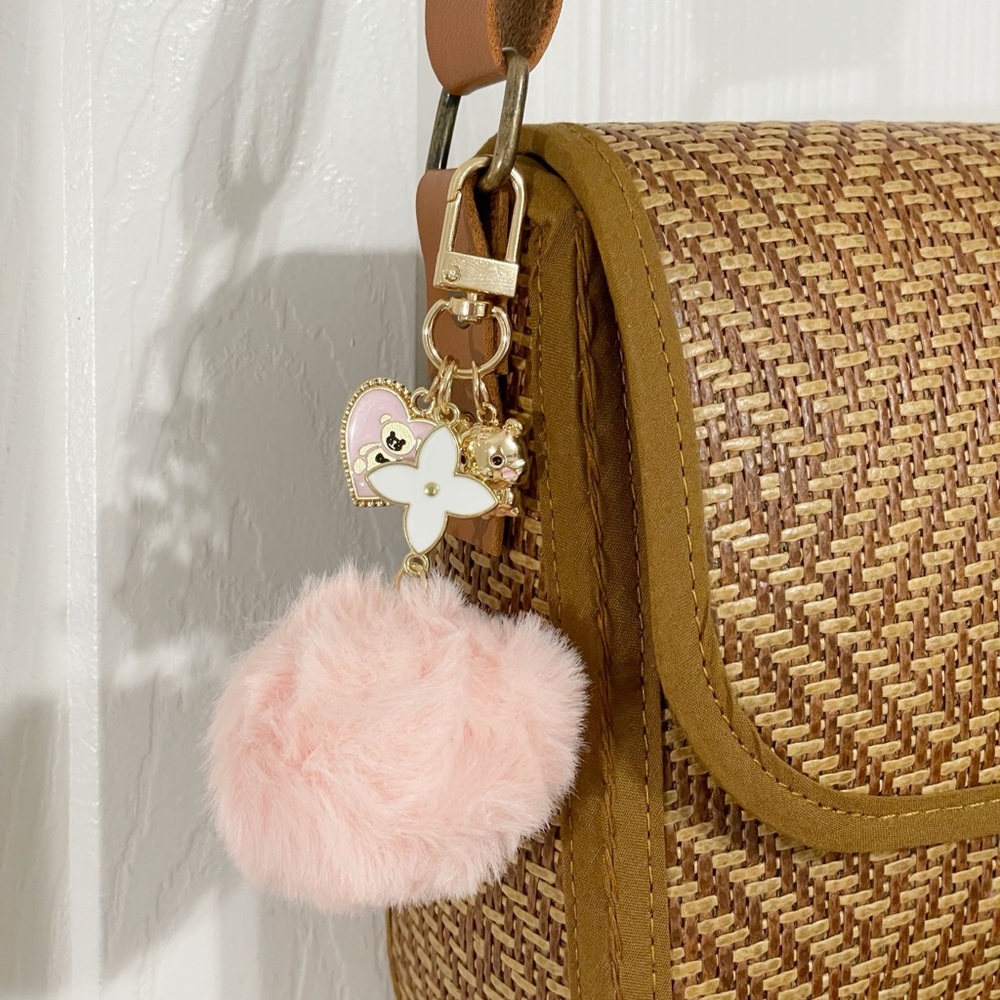 Adorable Pink Pom-Pom Keychain with Gold Charms